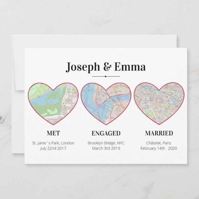 Custom Couple Milestones Map Location Hearts Holiday Card (Front)