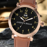Custom couple monogram black and gold watch<br><div class="desc">Personalized watch with the names of the bride and groom or the couple in love. This watch can be customized by changing the text with the name of the loved one or the wedding date. It can be an ideal gift for newlyweds or for silver or golden wedding anniversaries. Monogram...</div>