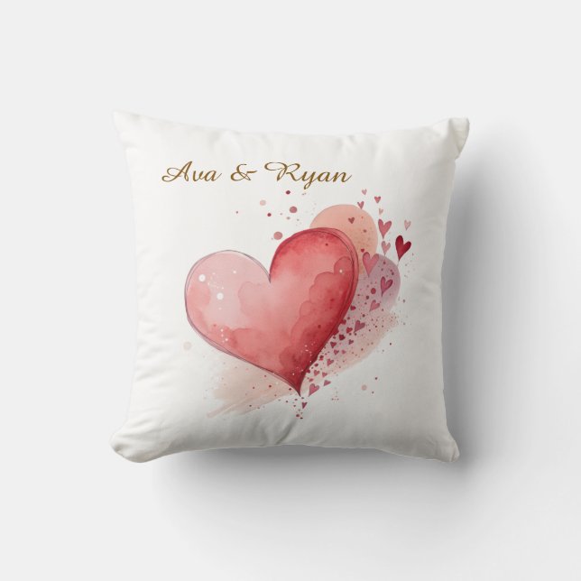 Custom Couple Name Watercolour Hearts Pillow Cover (Front)