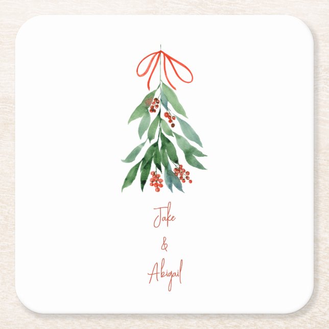 Custom Couple Names Mistletoe Christmas  Square Paper Coaster (Front)