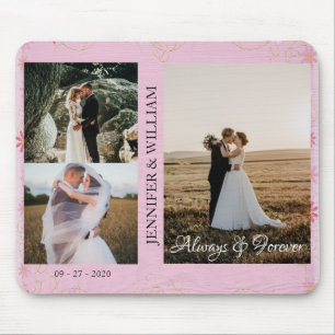 Custom Couple Photo Collage Name Wedding Pink Wood Mouse Mat