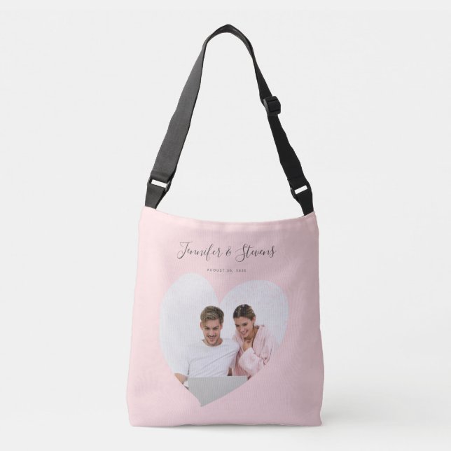 Custom Couple PhotoHeart Blush Pink Anniversary Crossbody Bag (Front)