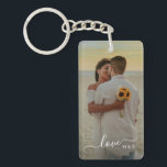 Custom Couple Pictures And Simple Love Quote Text Key Ring<br><div class="desc">Cute romantic Love text is written in a stylish elegant typography calligraphy script font. With the option to personalise or customise with the monograms or initials of the couple, and two photos of your choice. Unique keepsake, birthday, anniversary, Valentine's Day gift, or Christmas stocking stuffer. Easily customisable with a favourite...</div>