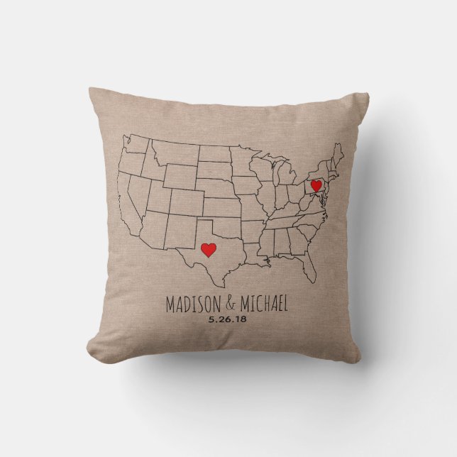 Custom couple USA state map names & date heart map Cushion (Front)