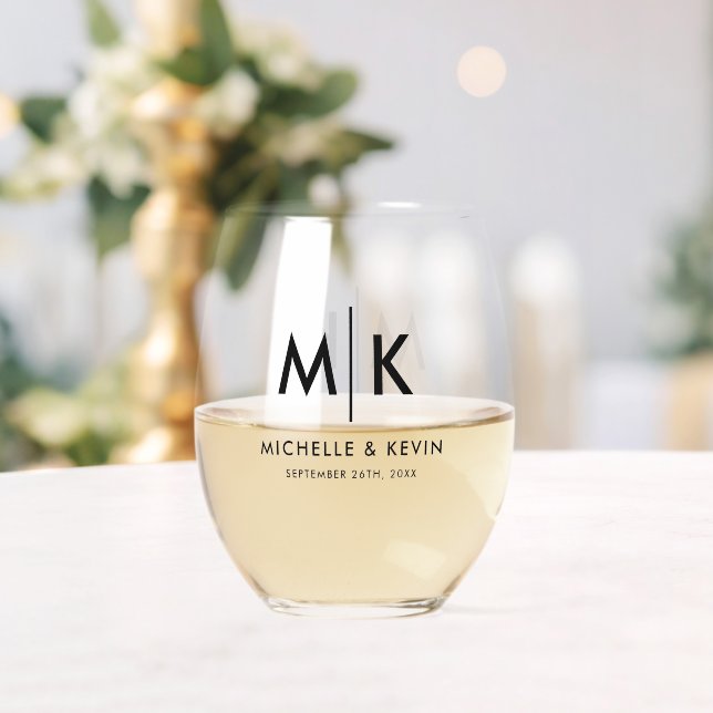 Custom Couple Wedding Modern Monogram Initials Stemless Wine Glass (Insitu (Wedding))
