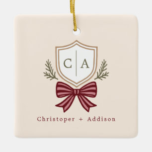 Custom Couple's Monogram Crest Bow Christmas Ceramic Ornament