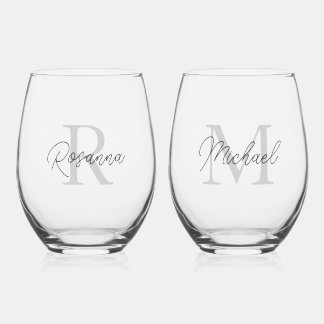 Custom Couples Monogram Name Anniversary  Stemless Wine Glass