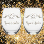 Custom Couples Names 25th Anniversary Keepsake Stemless Wine Glass<br><div class="desc">Create a beautiful unique custom wedding anniversary keepsake by adding the couple's names and date to this glass. My original designed silver golden wisps of streamers radiate from both sides of the script, "25 Years". This one-of-a-kind design has a gradient faux metallic look but is not real foil. Personalise these...</div>