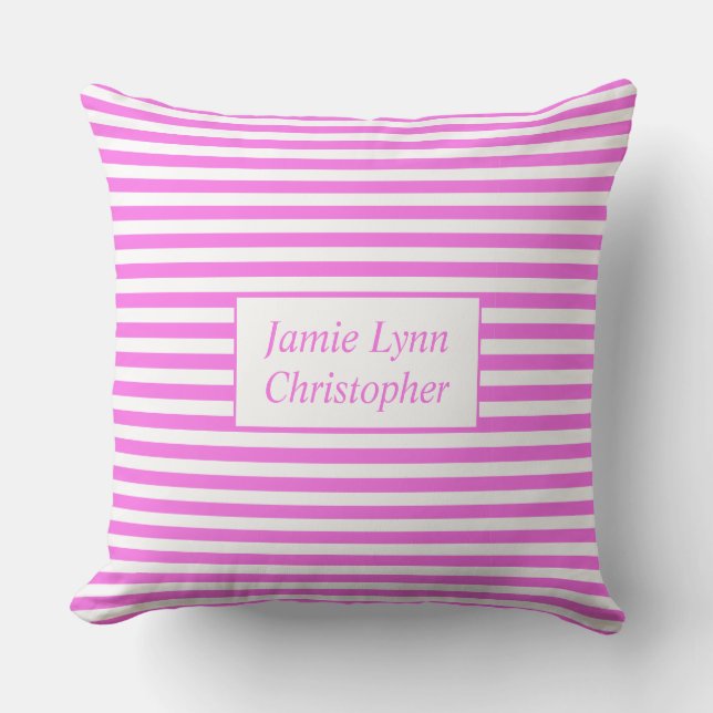 Custom Couples Names Pink/White Stripes Cushion (Front)