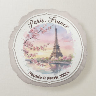 Custom Couple's Paris & Cherry Blossom Keepsake Round Cushion