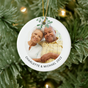 Custom Couple's Photo Botanical Mistletoe Ceramic Tree Decoration