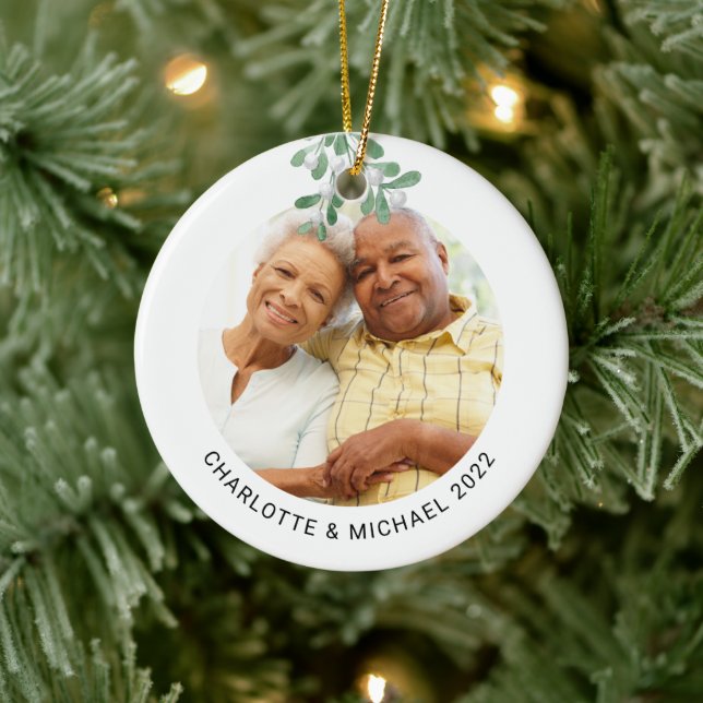 Custom Couple's Photo Botanical Mistletoe Ceramic Tree Decoration (Tree)