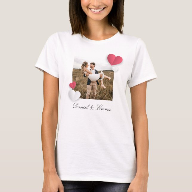Custom Couples Photo Name Text Personalised T-Shirt (Front)