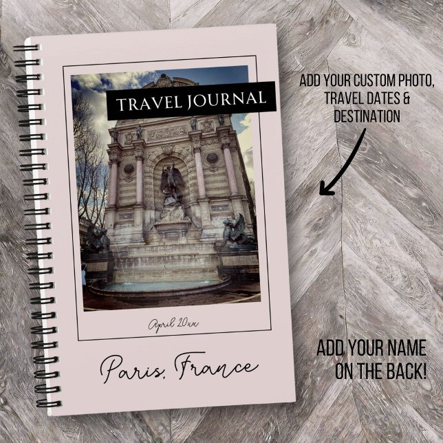Custom Cover Travel Journal | Modern Pink & Black (Pink and black travel journal with custom photo & personalized travel destination and travel dates.)