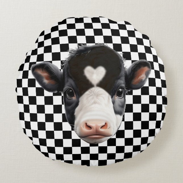 Custom Cow Face on Black & White Chess Pattern Round Cushion (Front)