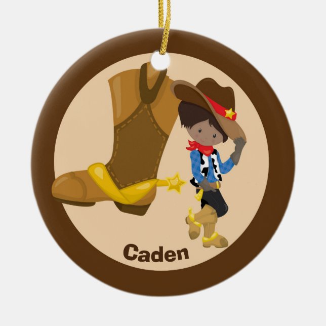 Custom Cowboy Kid Hispanic or African American Boy Ceramic Tree Decoration (Front)
