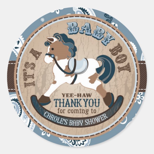 Custom Cowboy Rocking Horse Western Baby Shower Classic Round Sticker (Front)