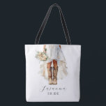 Custom Cowgirl Wedding Gown Cowgirl Boots Bride Tote Bag<br><div class="desc">Say “I do” in true western style with this personalised cowgirl bride design! Featuring a wedding gown paired with rustic cowgirl boots, this look is perfect for the bride who’s all about mixing glam with country charm. Add the bride’s name in a beautiful script font above the bold "Bride" title...</div>