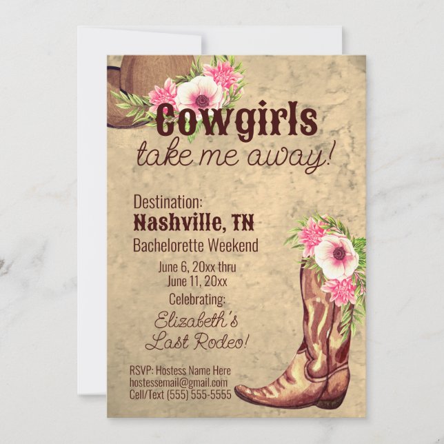 Custom Cowgirls take me away! Rustic pink floral Invitation (Front)