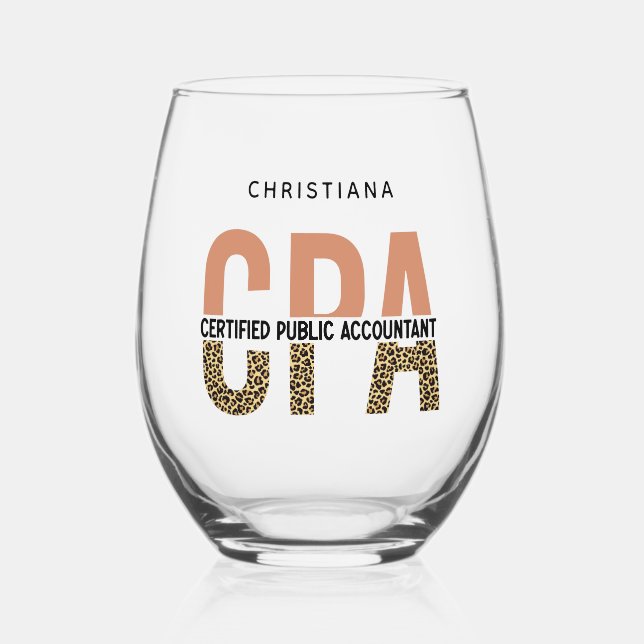 Custom CPA Certified Public Accountant Leopard Stemless Wine Glass (Front)