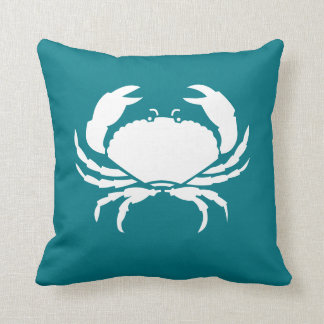 Custom CRAB WHITE on dark aqua teal blue Cushion