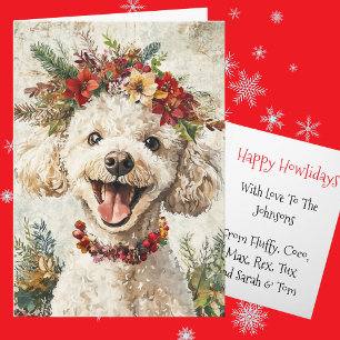 Custom Cream Poodle Christmas Floral Crown Holiday Card