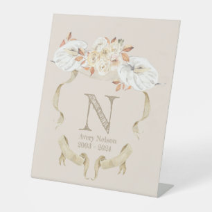 Custom Cream Rose Monogram Crest Funeral  Pedestal Sign