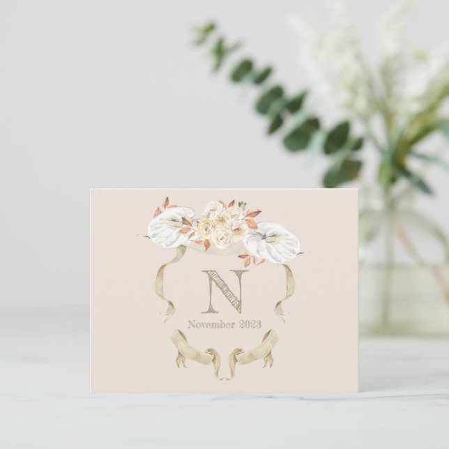 Custom Cream Rose Monogram Crest Funeral Postcard (Standing Front)