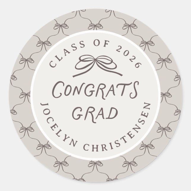 Custom Cream Taupe Coquette Bow Congrats Grad Classic Round Sticker (Front)
