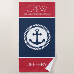 Custom Crew Captain Nautical Sailing Boat Anchor Beach Towel