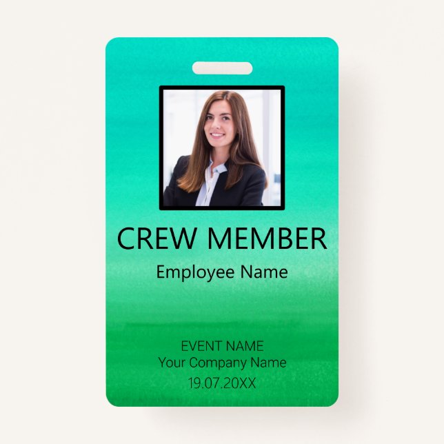 Custom Crew Member Barcode Event Green ID Badge (Front)