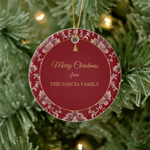Custom Crimson Dusty Rose Damask Christmas. Ceramic Tree Decoration