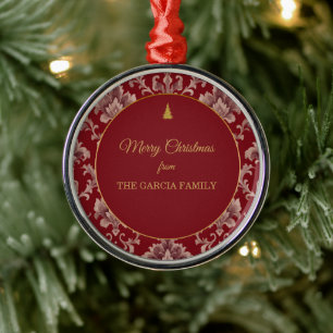 Custom Crimson Dusty Rose Damask Christmas. Metal Tree Decoration