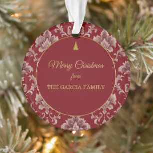 Custom Crimson Dusty Rose Damask Christmas. Ornament