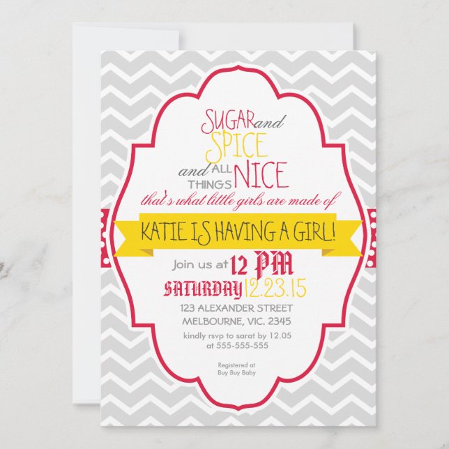 Custom crimson gold chevron baby shower invitation (Front)