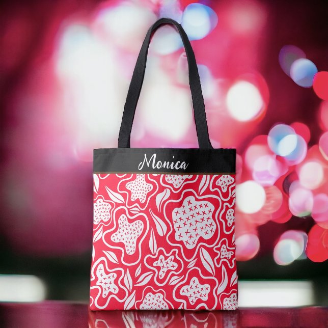 Custom Cross Stitch Look Red White Floral Design Tote Bag (Colorful original design by artist © Cathy Thompson. Personalize with any name.)