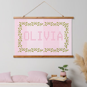 Custom Cross Stitch Pink Striped Nursery Hanging Tapestry
