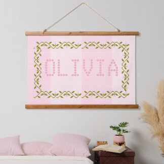 Custom Cross Stitch Pink Striped Nursery Hanging Tapestry