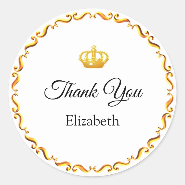Custom Crown Logo Thank You on Golden & White Classic Round Sticker (Front)