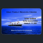 Custom Cruise Cabin Door Marker | Blue Ocean Ship Magnet<br><div class="desc">This cruise ship vacation stateroom marker magnet is completely personalised with the group cruise name, ship itinerary details, ship's name and sailing dates. Personalised names at bottom in white. Against a beautiful ocean sunset photo and cloudy sky in various shades of blue. Cartoon type drawing of vintage ship in black,...</div>
