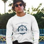 Custom Cruise Ship Nautical Wheel Long Sleeve T-Shirt<br><div class="desc">Chic custom summer vacation long sleeve t-shirts for your beach cruise on the ocean featuring a navy blue boat steering wheel. This nautical themed design is perfect for classy matching family reunion tees to commemorate the special trip. Personalise with your last name and year.</div>