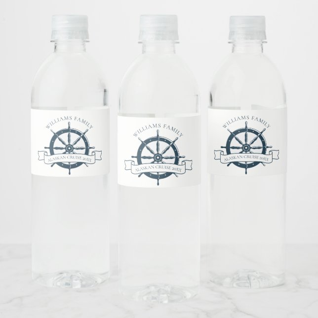 Custom Cruise Ship Navy Blue Nautical Party Water Bottle Label (Bottles)