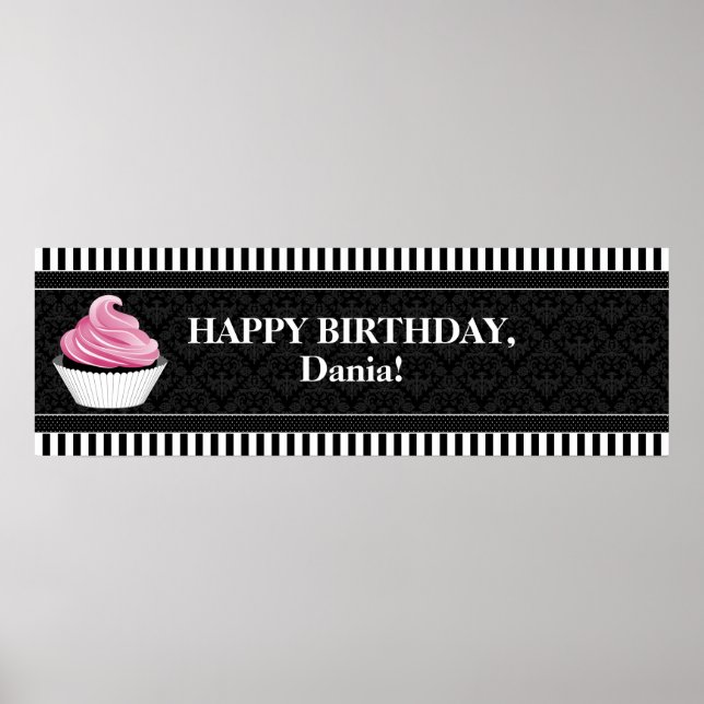 CUSTOM Cupcake and Damask Birthday Banner Poster (Front)