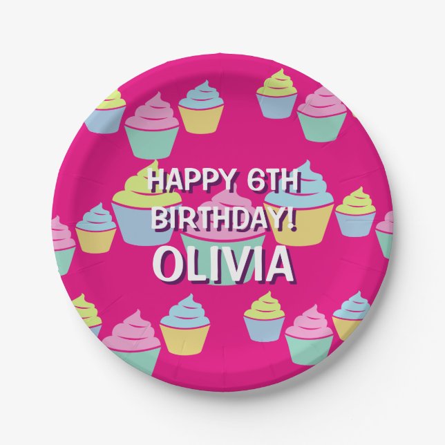 Custom cupcake print kids Birthday party plates (Front)