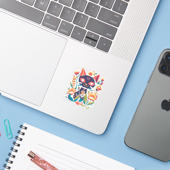Custom-Cut Viny BLACK CAT Sticker (Laptop w/ iPhone)