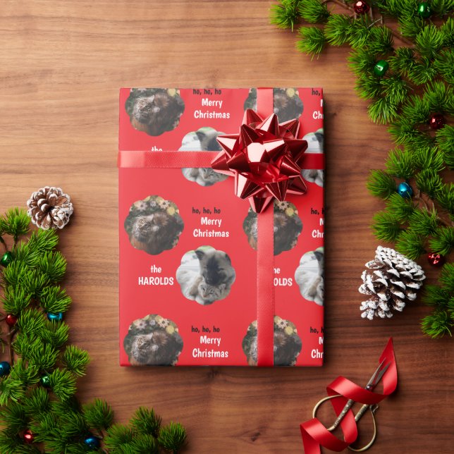 Custom Cute 2 Pet Photo Festive Christmas Red Wrapping Paper (Holiday Gift)