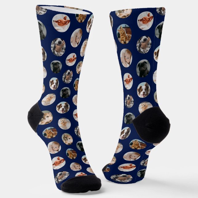 Custom Cute 8-Photo Pet Collage | Navy Blue Socks (Angled)