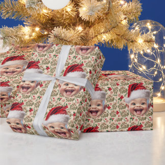 Custom Cute Baby Face Santa Hat Christmas Photo Wrapping Paper