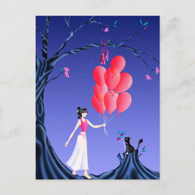 Custom Cute Ballerina and Cat Night Sky Postcard (Front)