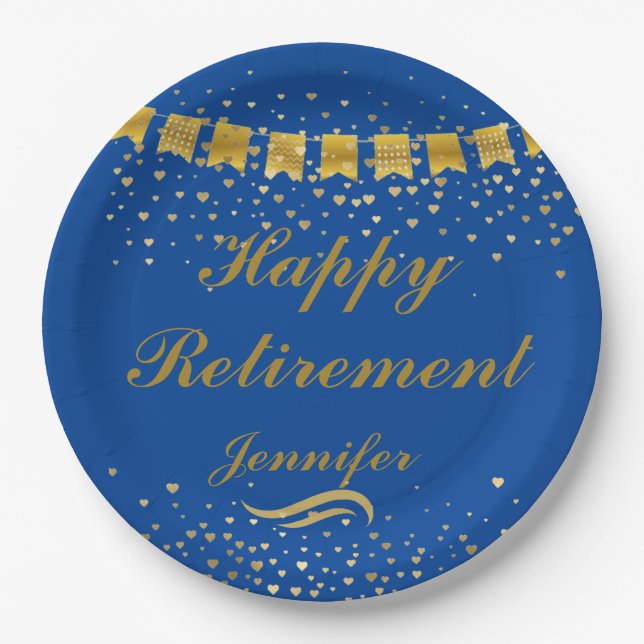 Custom Cute Blue and gold Happy Retirement Paper Plate (Front)